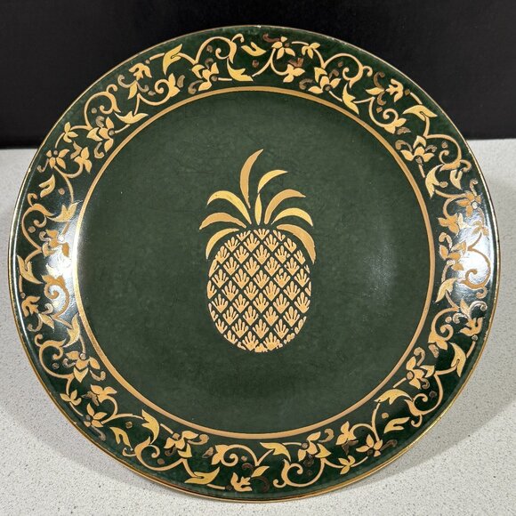 Vintage Pineapple Decorative Wall Plate Andrea By Sadek Green & Gold Gilded 10” - Picture 1 of 3